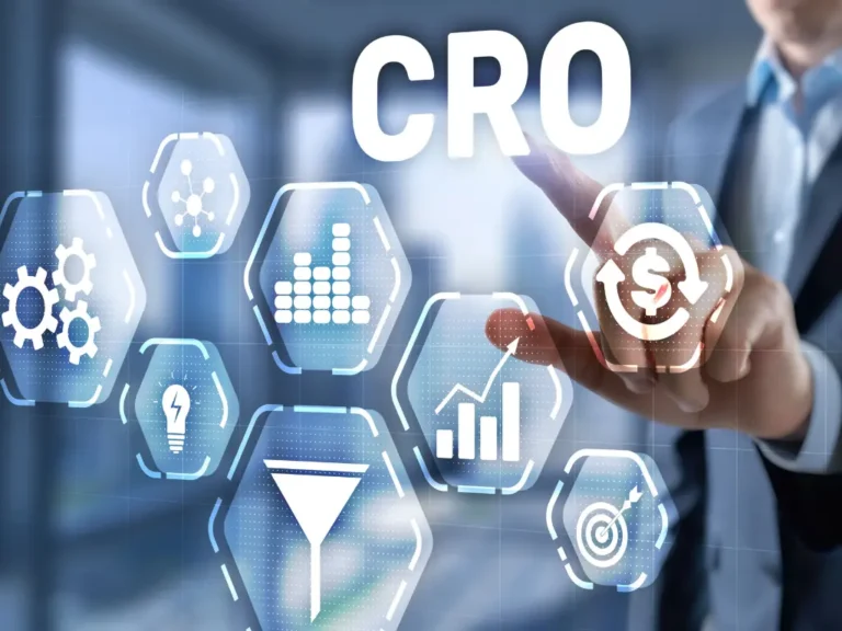 Person tapping a virtual screen showing CRO above icons for analytics, growth, a sales funnel and revenue