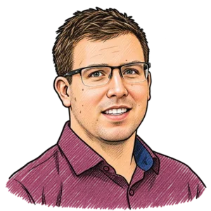 Illustrated portrait of Michael, Chief Creative Officer at C4 Social, in black rectangular glasses and a magenta button-down shirt