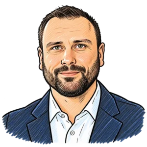 Illustrated portrait of Jason, Chief Technology Officer at C4 Social, in a navy blazer and white open-collar shirt