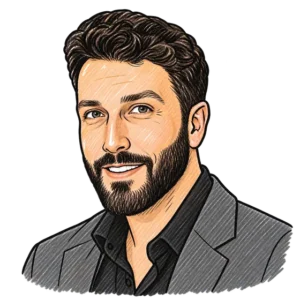 Illustrated portrait of Jamie, Media Buyer at C4 Social, in a gray blazer over a black shirt