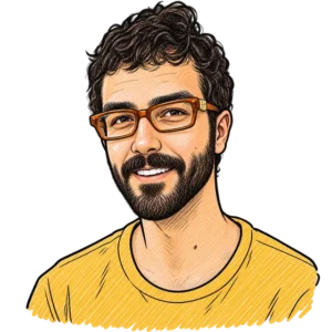 Illustrated portrait of DMAC, Video Editor at C4 Social, with curly hair and orange glasses, in a yellow T-shirt