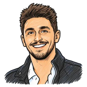 Illustrated portrait of Casey, Paid Ads Director at C4 Social, smiling in a dark jacket over a white open-collar shirt