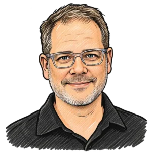 Illustrated portrait of David, Creative Producer at C4 Social, in clear-framed glasses and a black button-down shirt
