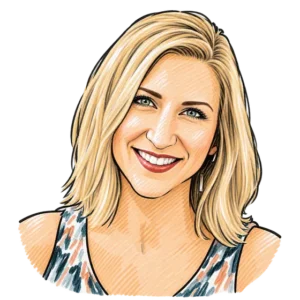 Illustrated portrait of Jenn, In-House Talent at C4 Social, with shoulder-length blonde hair and drop earrings, smiling in a patterned sleeveless top