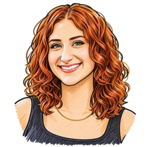 Illustrated portrait of Izzy, Social Media Director at C4 Social, with long curly red hair and a gold necklace, smiling in a black tank top