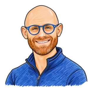 Illustrated portrait of Cory, CEO of C4 Social, in round blue glasses and a blue zip-up sweater