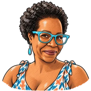 Illustrated portrait of Crystal, Accountant at C4 Social, with short curly hair, turquoise glasses and earrings, in a patterned top with tied shoulder straps