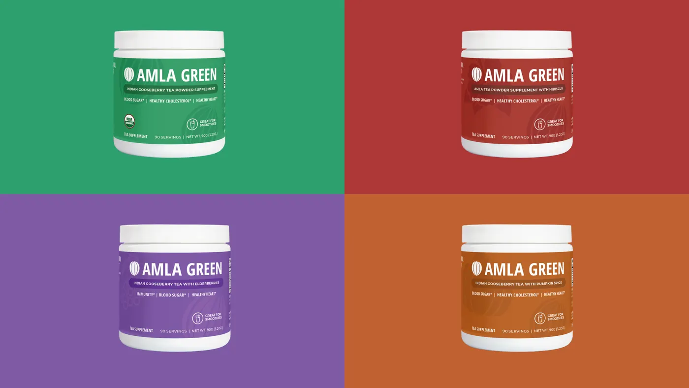 Four Amla Green supplement jars shown on green, red, purple and orange backgrounds