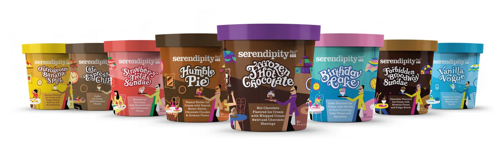 Row of Serendipity ice cream pints in assorted flavors