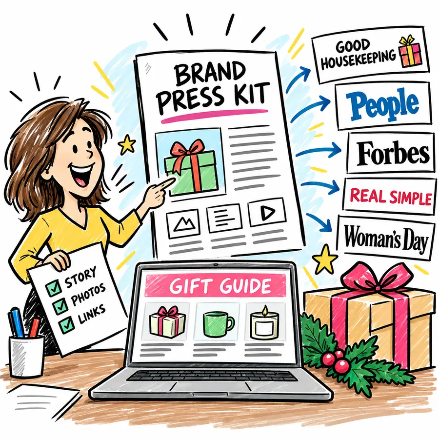 Illustration of a marketer pointing to a brand press kit sent to gift guide editors at outlets like Good Housekeeping, People, Forbes, Real Simple and Woman's Day