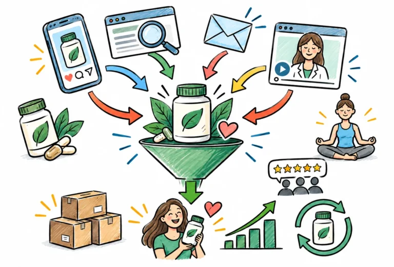 Illustration of social media, search, email and expert video content flowing into a supplement brand's sales funnel, leading to shipped orders, happy customers, five-star reviews and repeat purchases