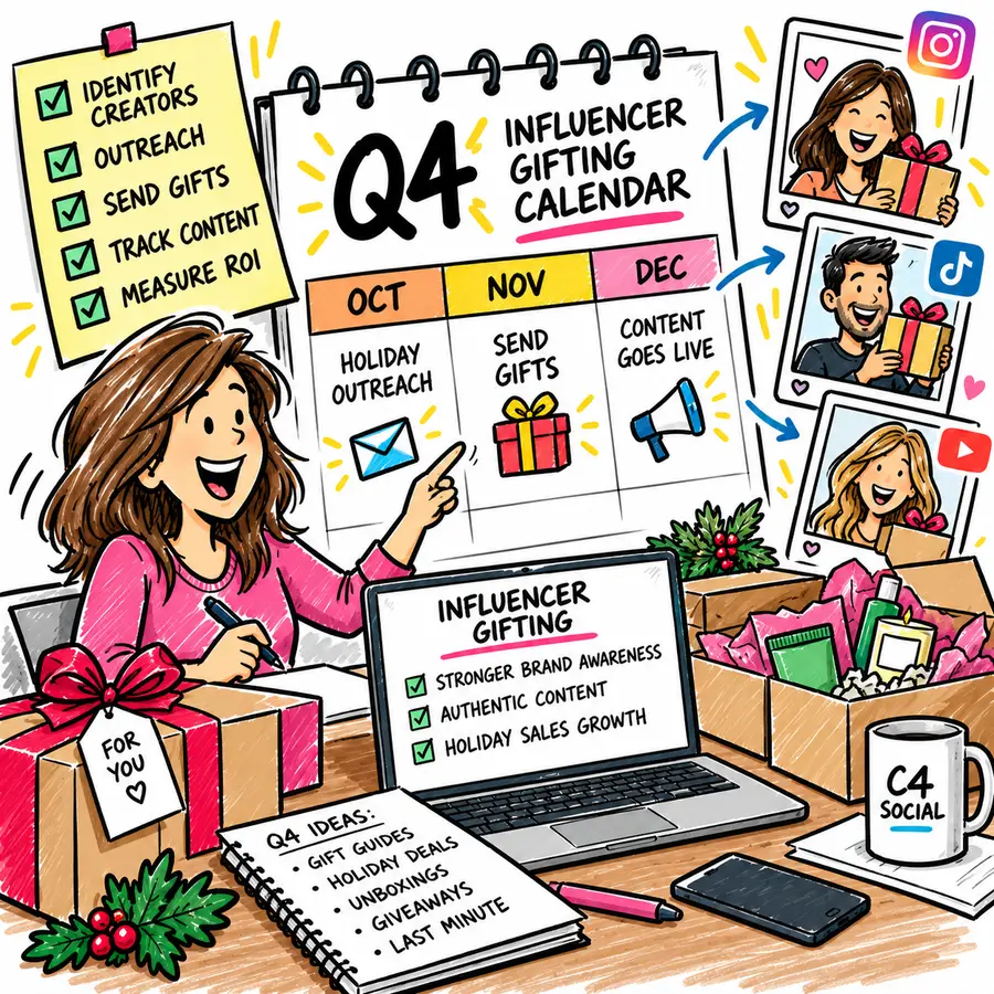 Illustration of a marketer pointing to a Q4 influencer gifting calendar with October outreach, November gift sends and December content going live on Instagram, TikTok and YouTube